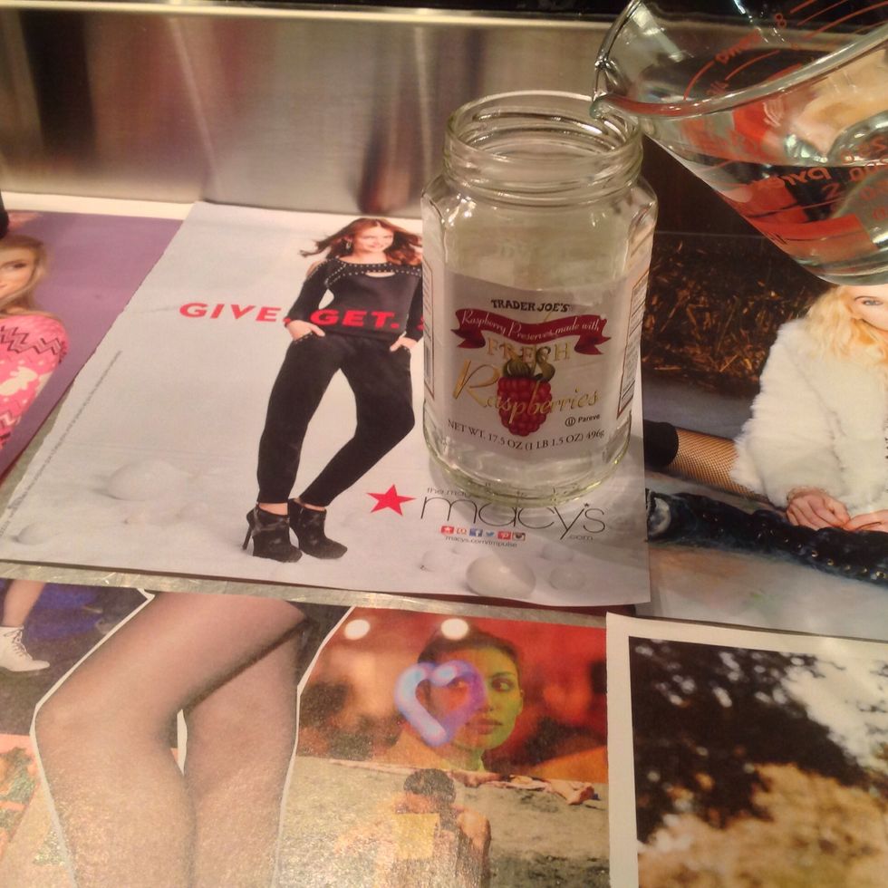 Pour water into glass jar.