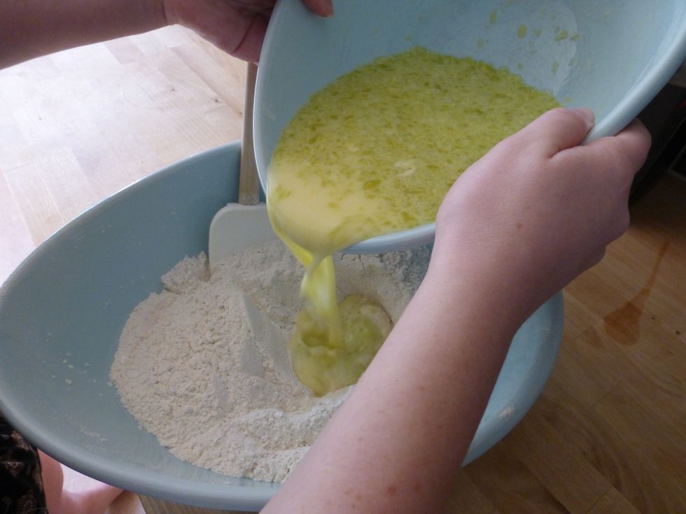 Pour wet mixture into the dry ingredients.