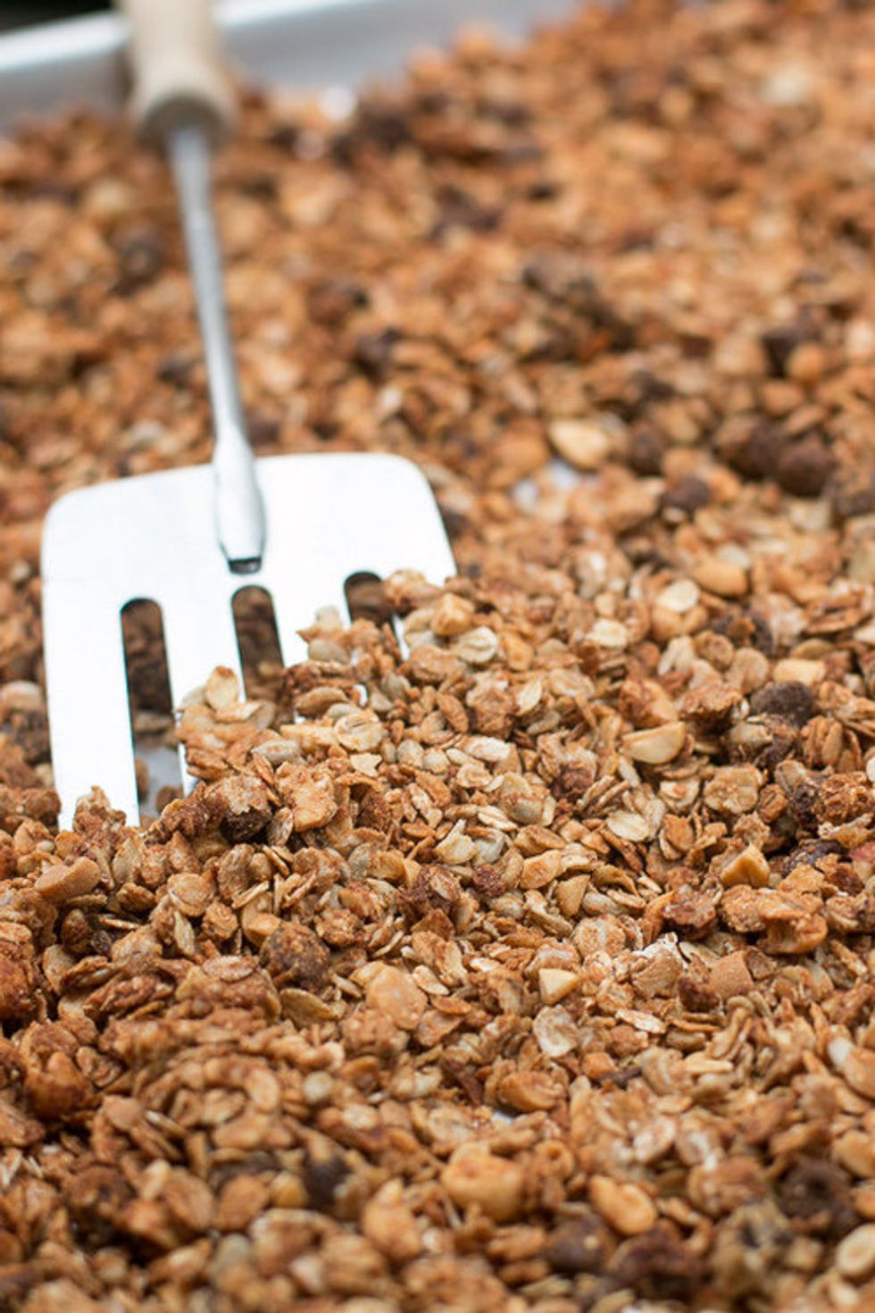 Pour WET over DRY and mix to coat. Spread onto prepared baking sheet and place in preheated oven. Cook for 1 hour & 15 minutes, giving a stir approx. every 15 minutes. Remove from oven & add Mango.