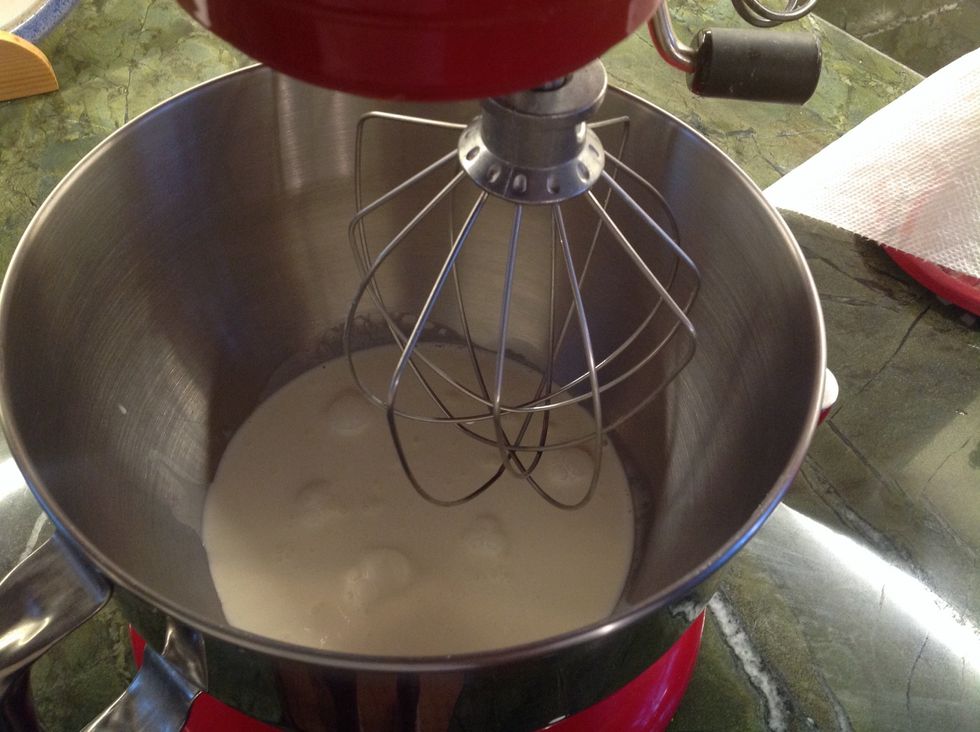 Pour whipping cream into mixing bowl and stir. Adding sugar and cocoa mix slowly.