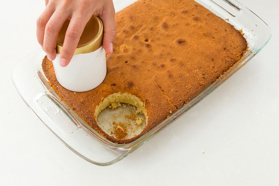 Pour your batter in one cake pan and bake for 60 minutes. Once they're done, use a cup as a cake cutter to create little dome-like circular cakes.