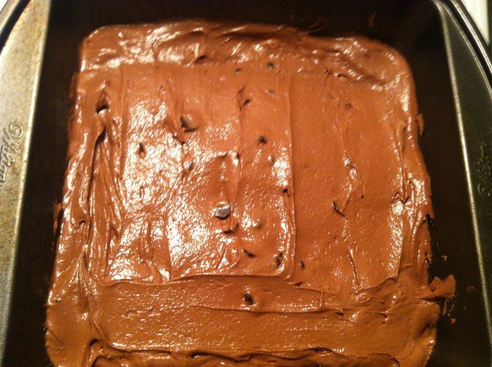 Pour your batter into an 8x8 (9x9 for thinner) pan. (Note: I added about 1/2 Cup of semi-sweet choc chips to the batter because I had them in the kitchen and wanted a little extra chocolate kick \ud83d\ude09)
