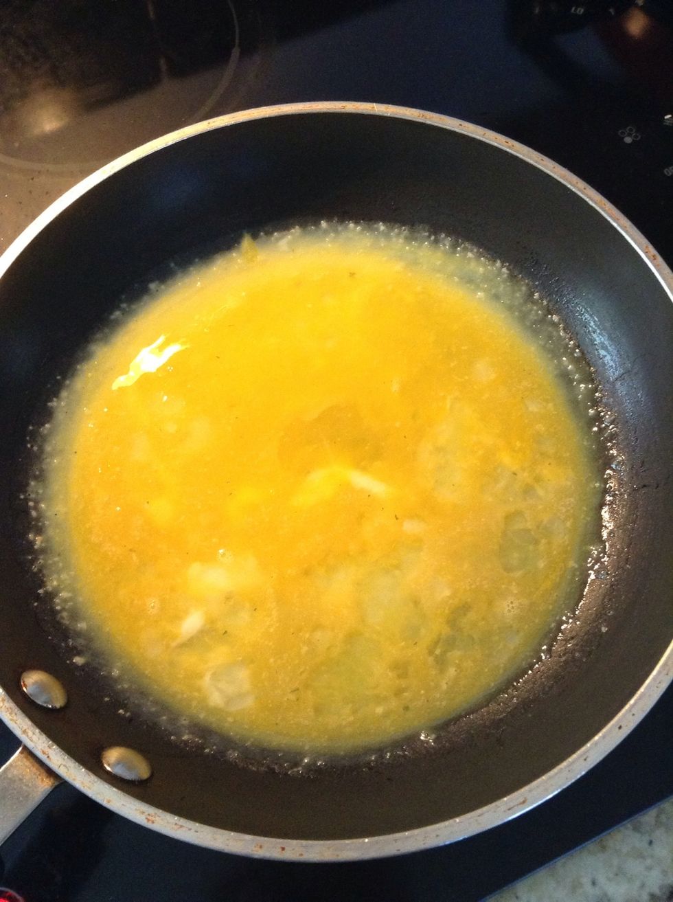 Pour your egg in once your pan has reached medium heat. Be patient. I like to slowly roll the pan in a circular motion while the egg is cooking so the egg will distribute evenly.