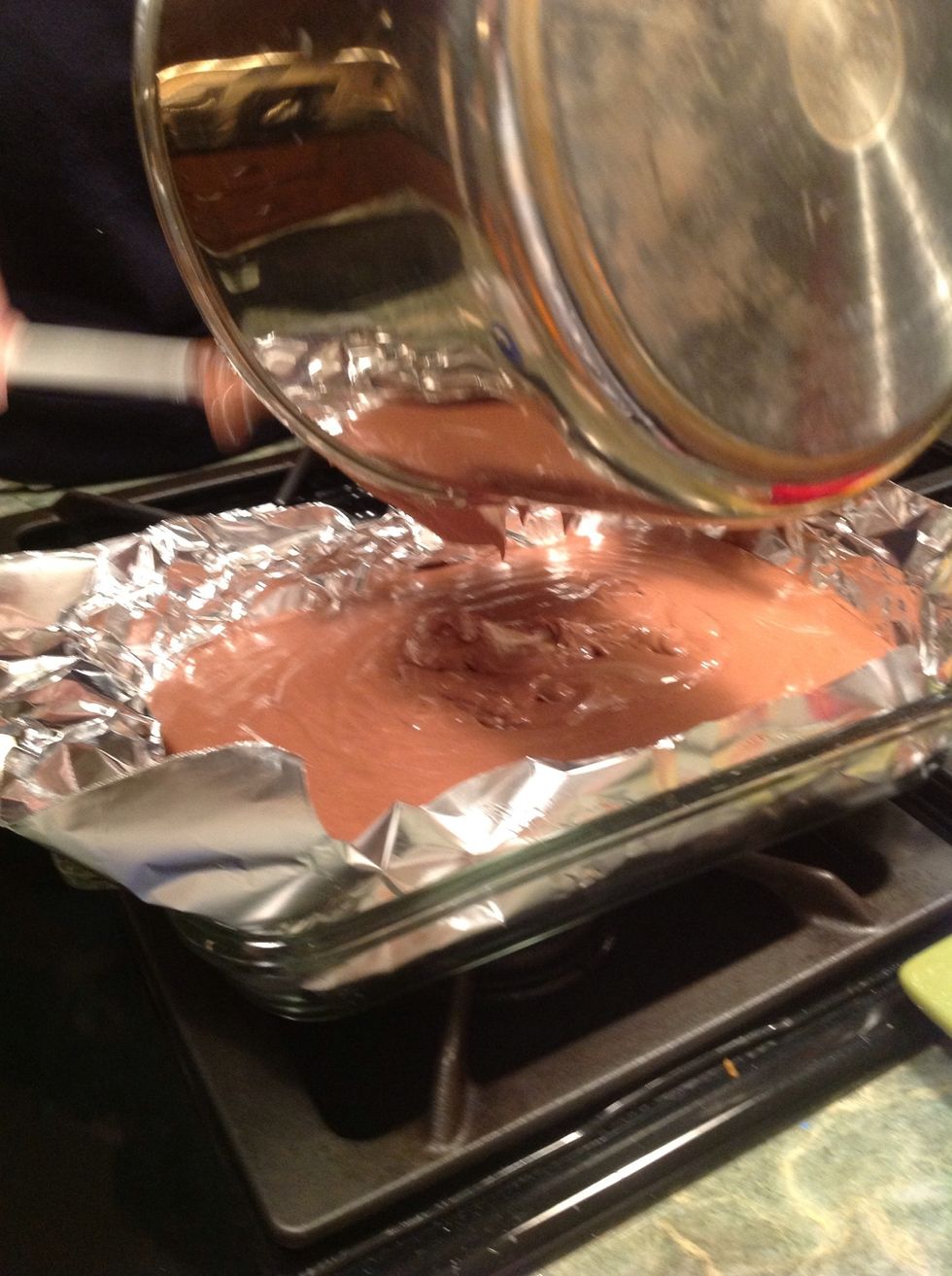 Pour your fudge mix into the pan