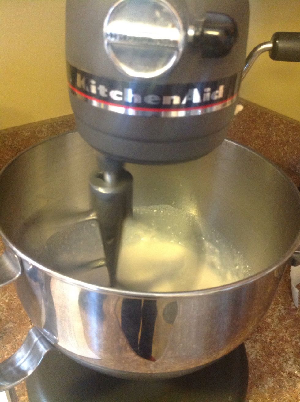 Pour your liquid in the bowl. Mixer should be on lowest speed so it doesn't go flying out. Turn speed to 4 on kitchen aid mixer and mix for 2 minutes