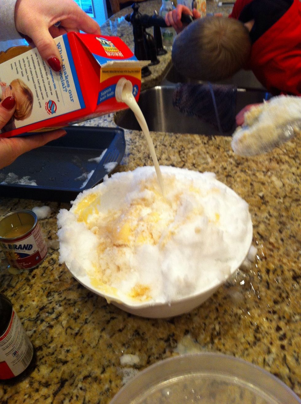 Pour your milk in slowly and mix.