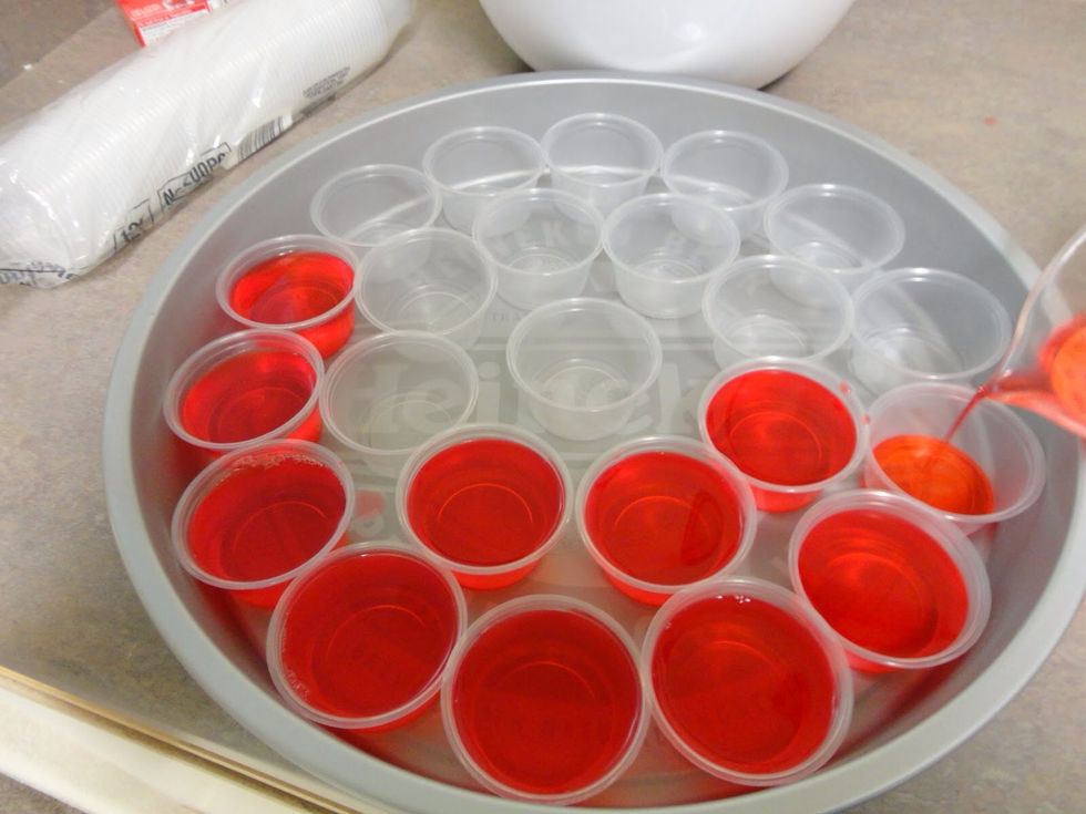 Pour your mix in the little cups. I always suggest putting the cups in a cake baking pan so when taken out the fridge the cups won't slide out and fall.