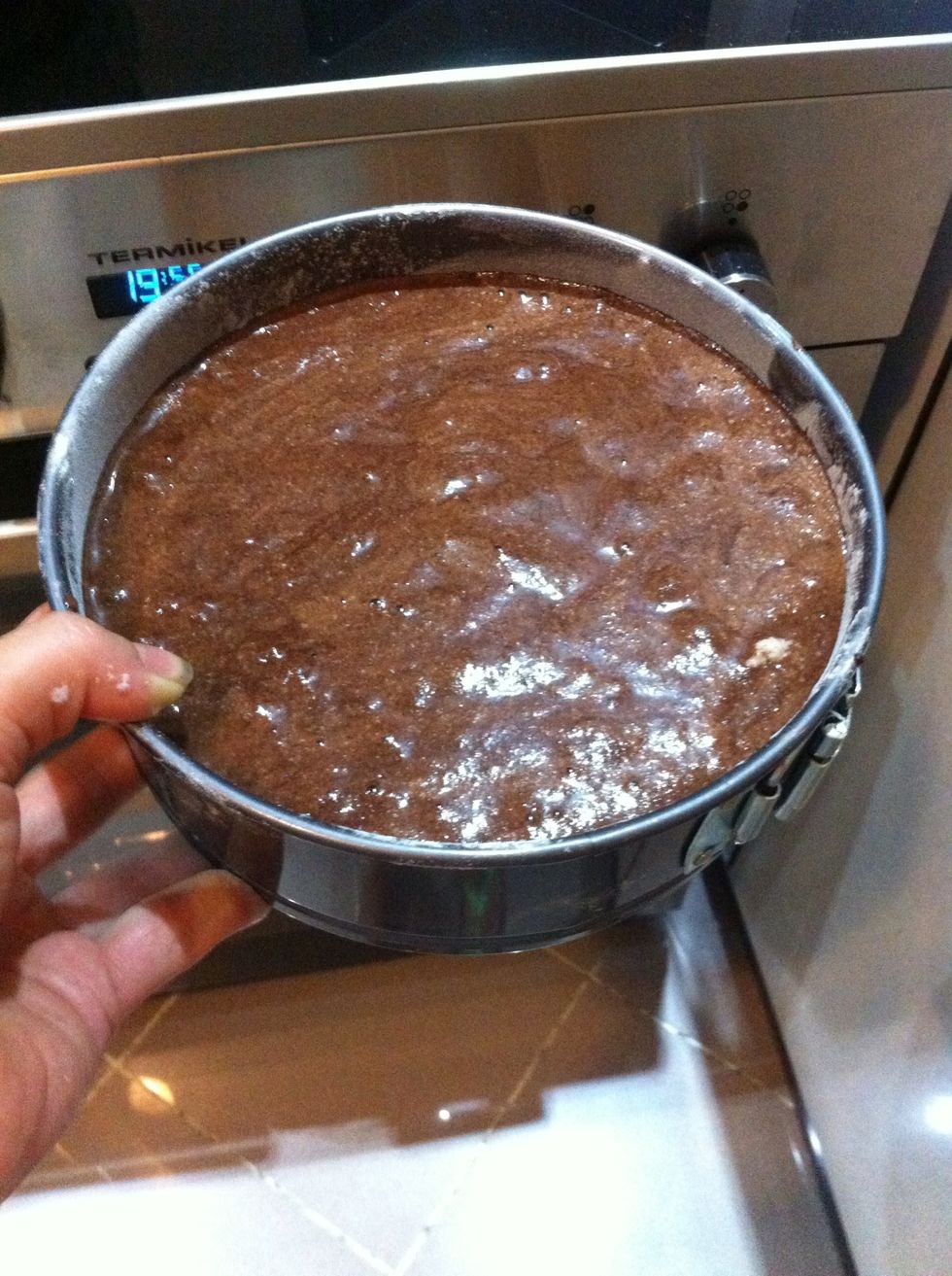 Pour your mixture to the pan and put it in to 160-180 centigrate heated oven....