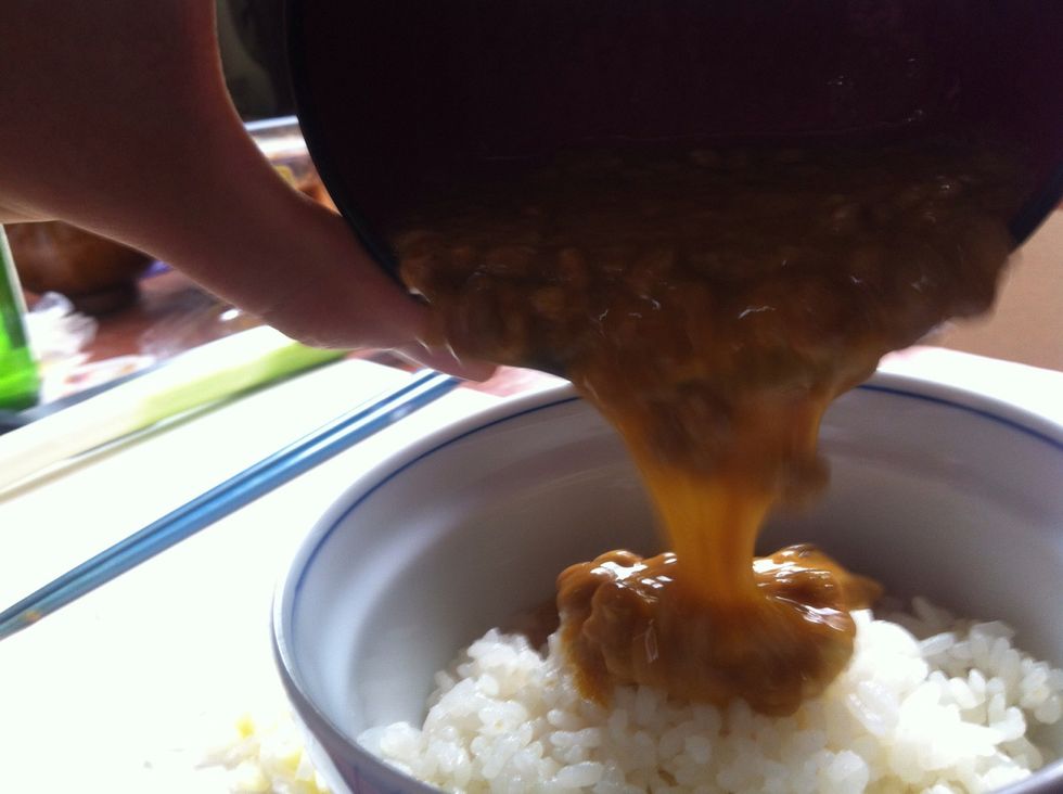 Pour your natto, egg, miso, soy sauce, and mustard mixture on top of your rice!
