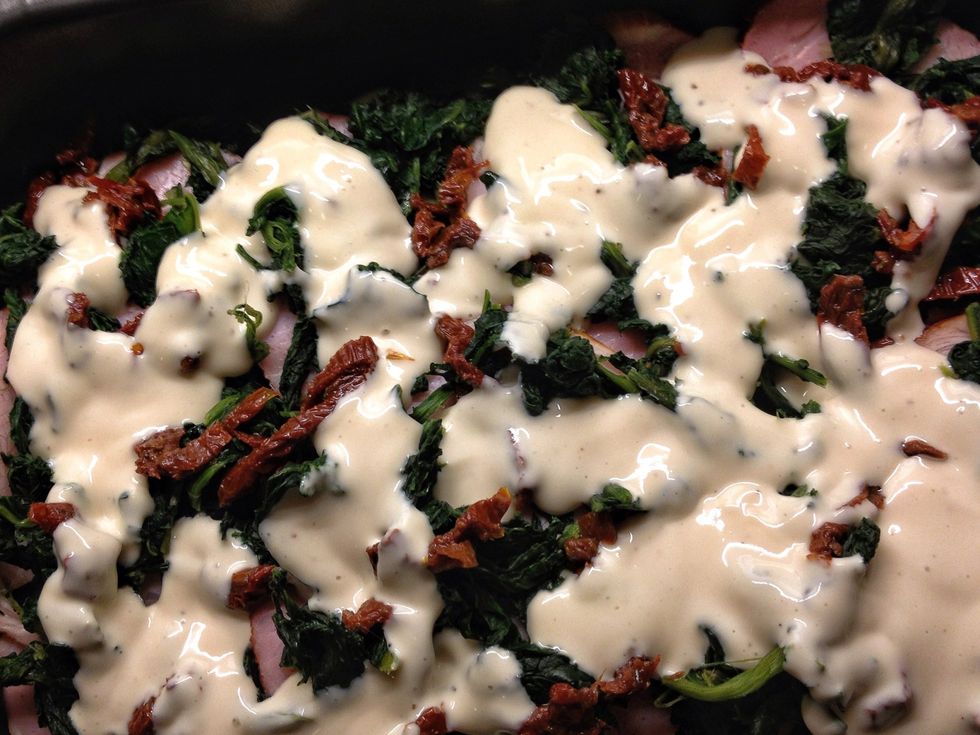 Pour your preferred sauce on top. Homemade bechamel/4 cheeses sauce tastes so much better but it also works with a ready made version.