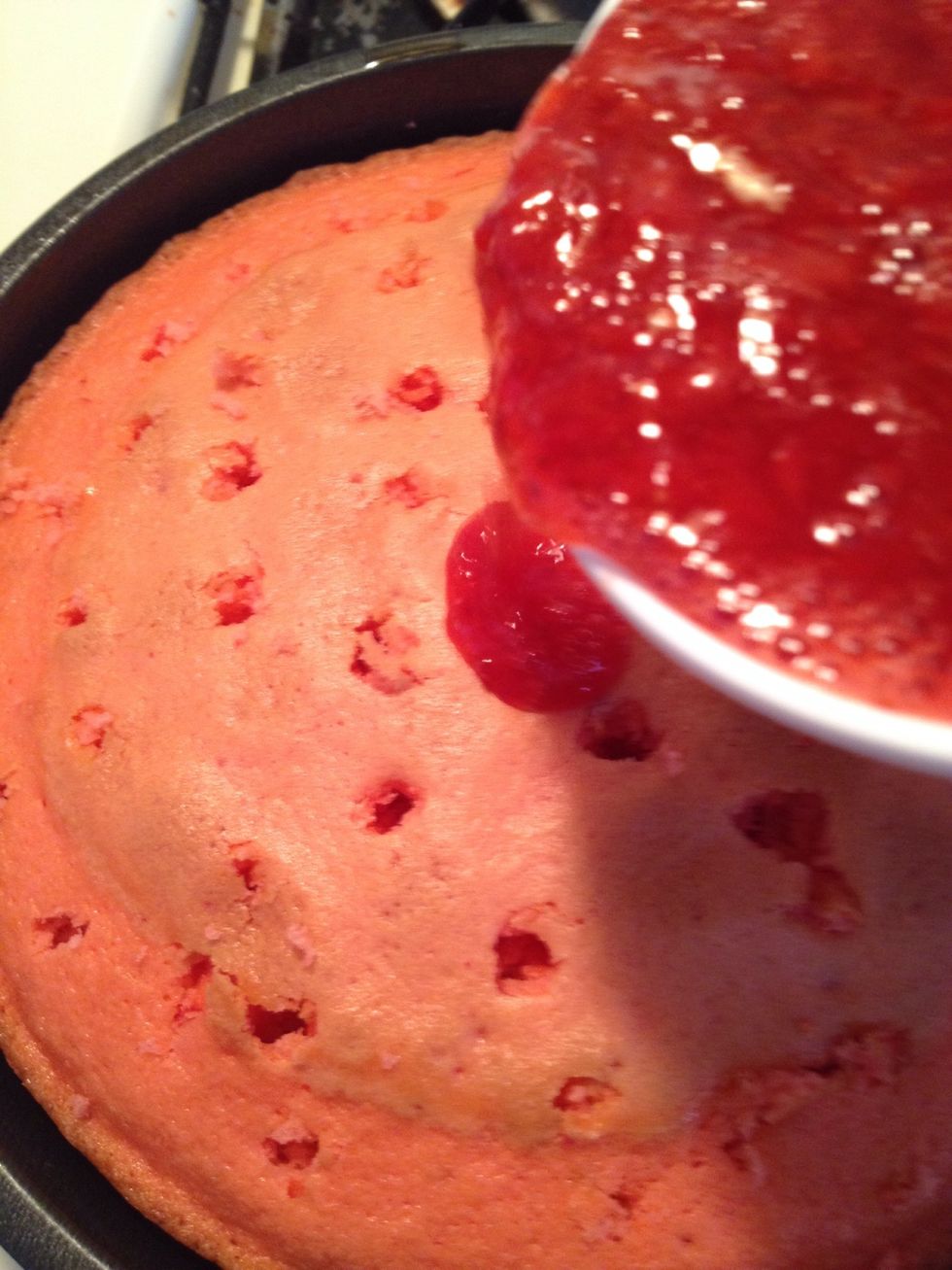 Pour your pur\u00e9ed strawberries over.