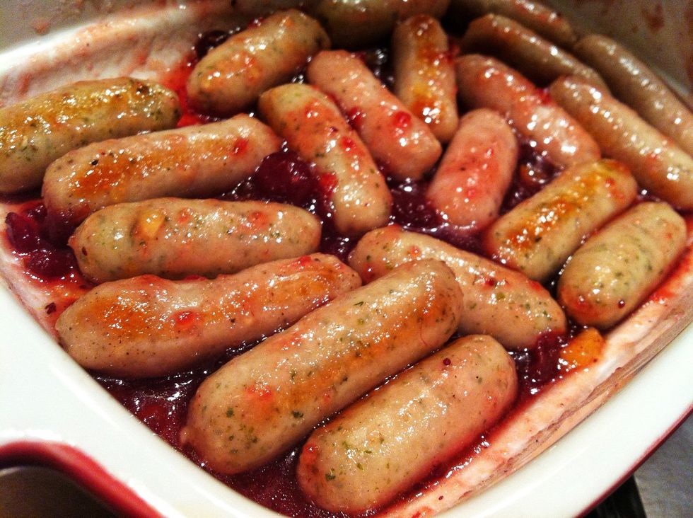 Pour your sauce over the Sausages, mix well and return to the oven for another 15 minutes..