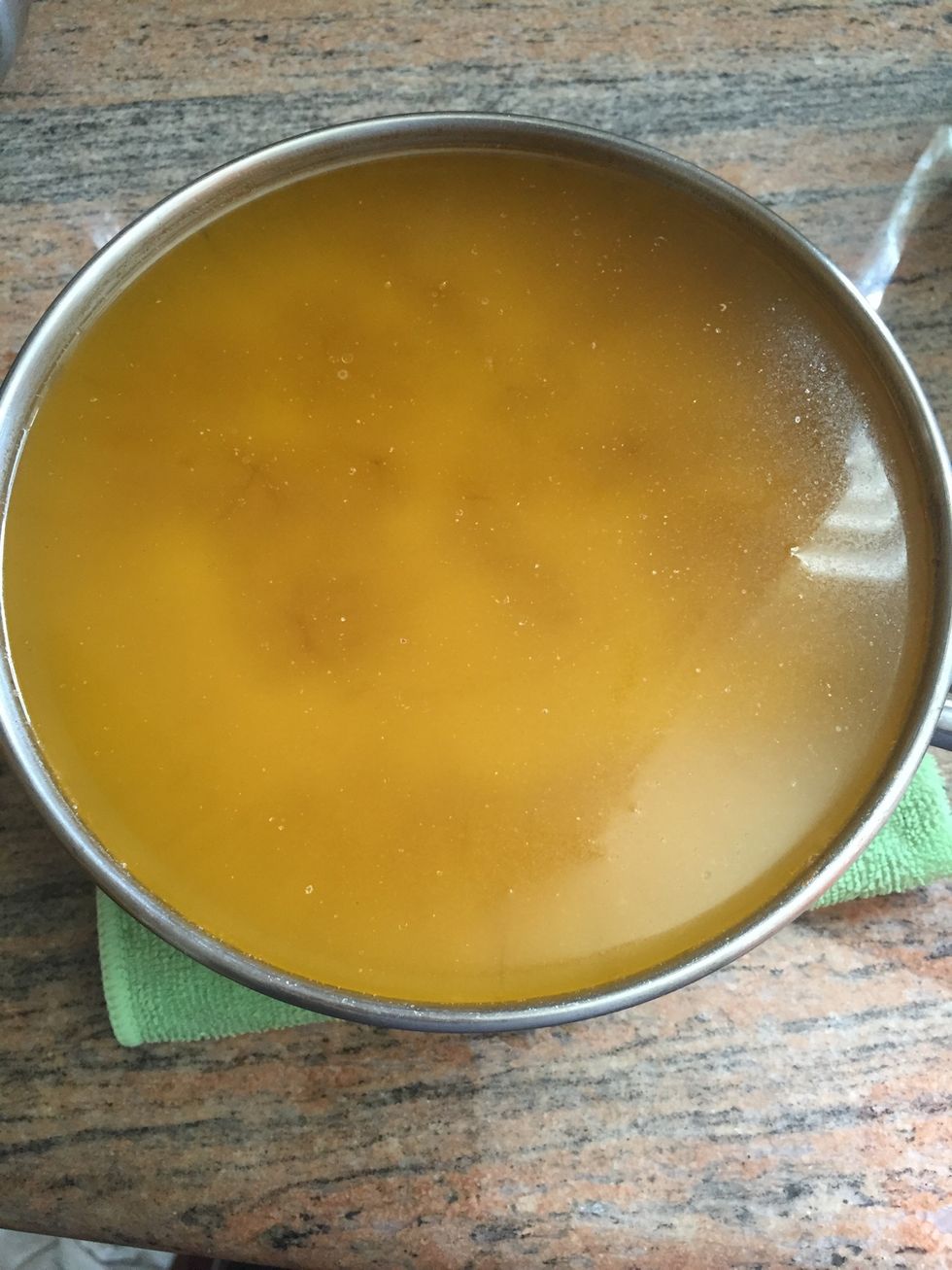 Poured boiling water over it. And broke it down. As you can see the ghee has come to the top. I will remove what I can and put the rest back in the fridge to solidify.