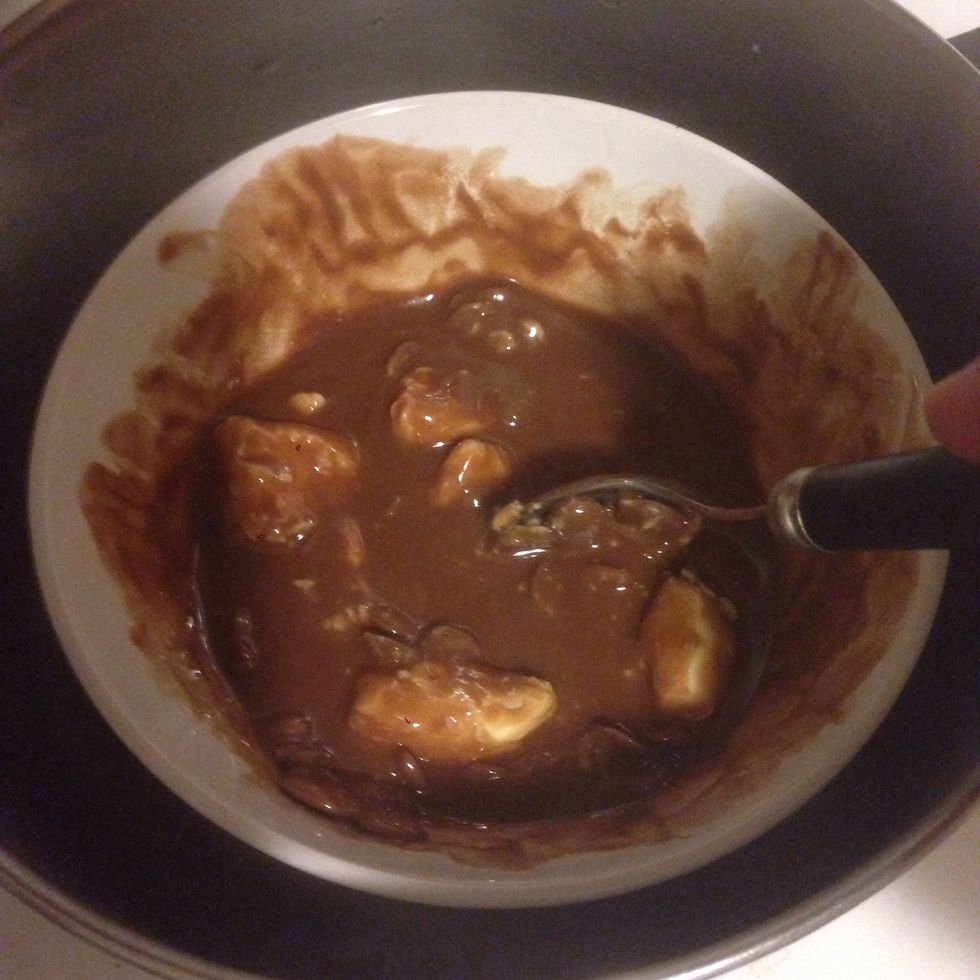 Pre-heat oven at 175\u2022C. Place a bowl on a water-bath, heat and add butter in cube with chocolate. Gently mix until ontention of homogenous liquid