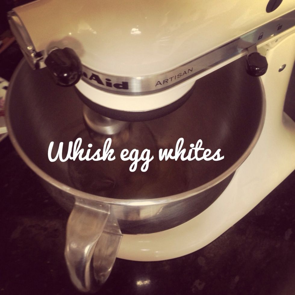 Pre heat oven to 150c. Start by whisking 3 aged egg whites until frothy. Slowly add 50g caster sugar. (Age egg whites in fridge overnight)