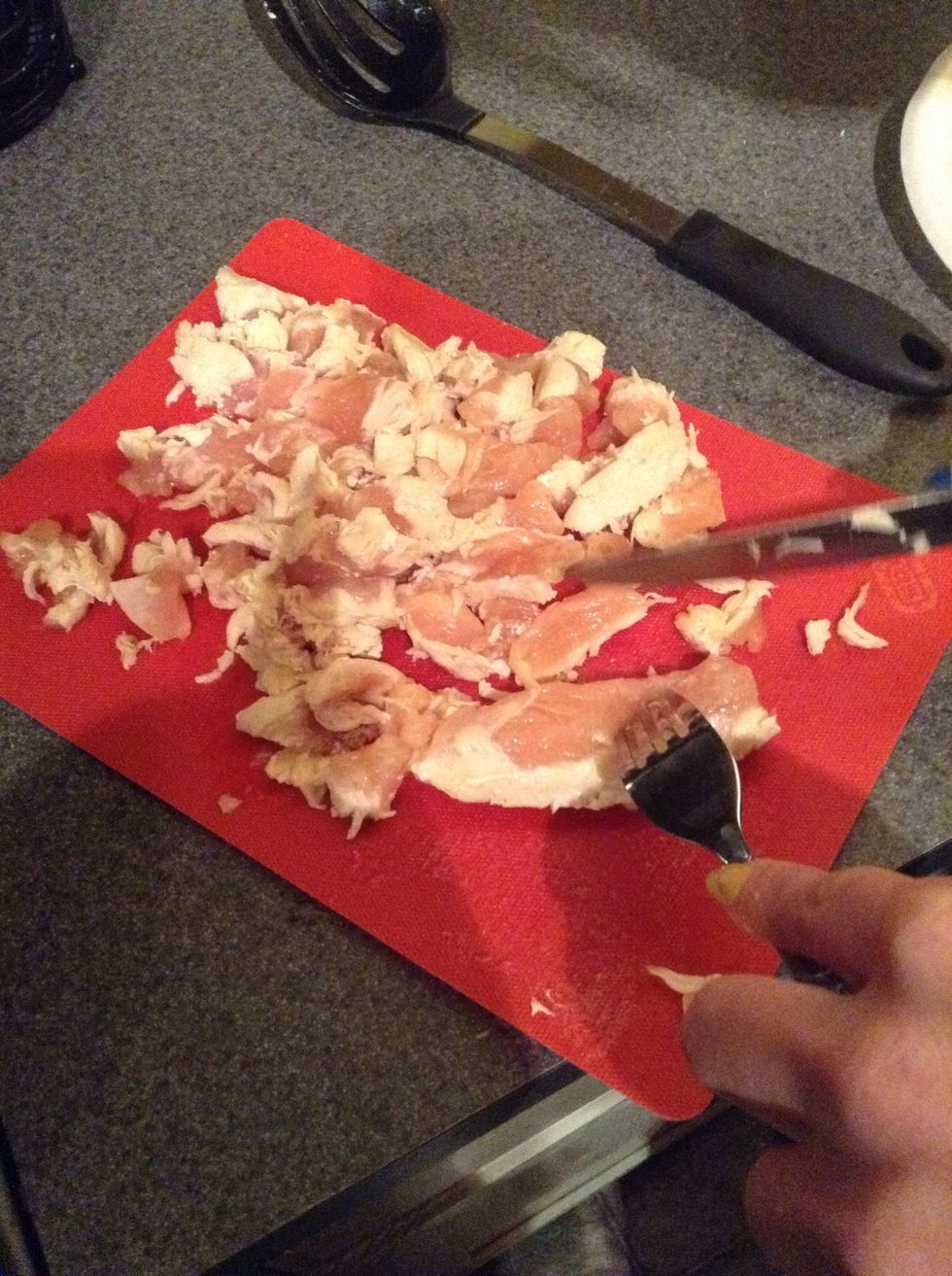 Pre-heat oven to 350 and cut chicken to small pieces