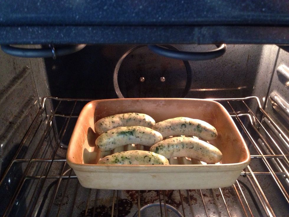 Pre heat oven to 425 degrees Fahrenheit and bake your Chicken sausage for 20-25 minutes; until internal temperature reaches 165 degrees. Get this going from the beginning.