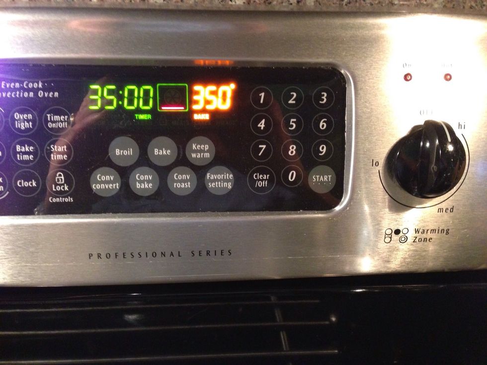 Pre-heat the oven to 350\u00b0 F and set the timer for 35 minutes.