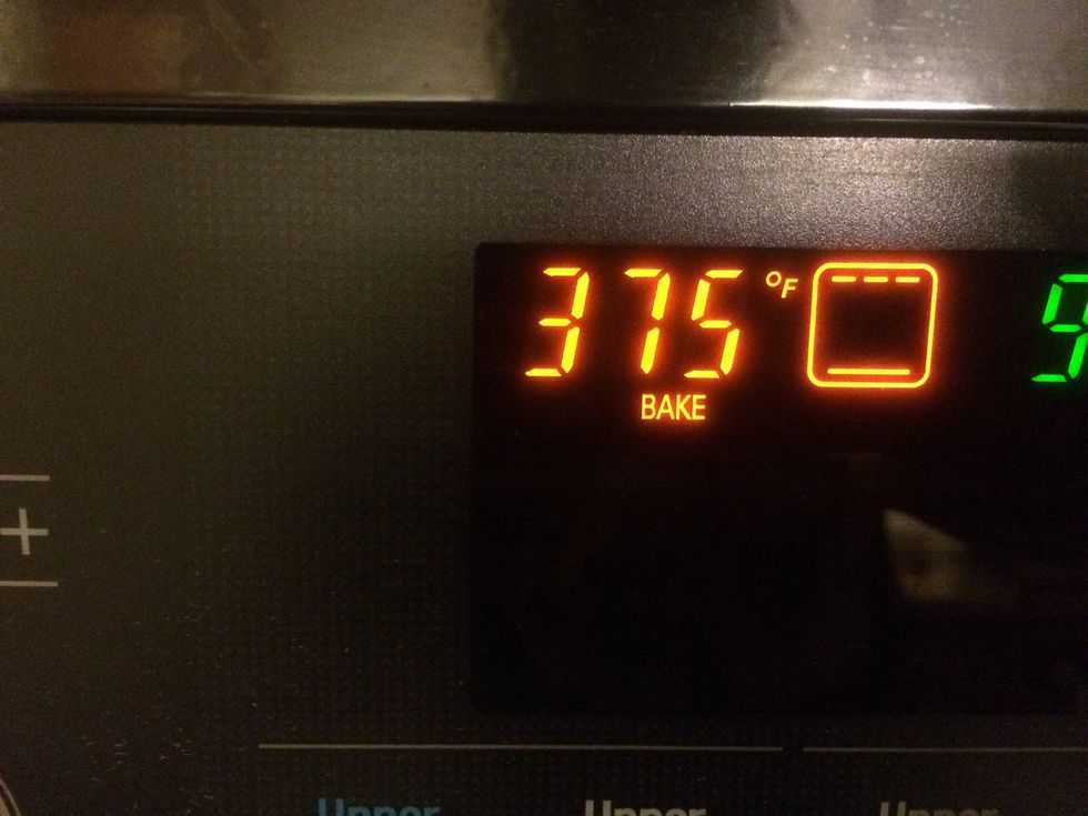 Pre heat the oven to 375 degrees Fahrenheit.