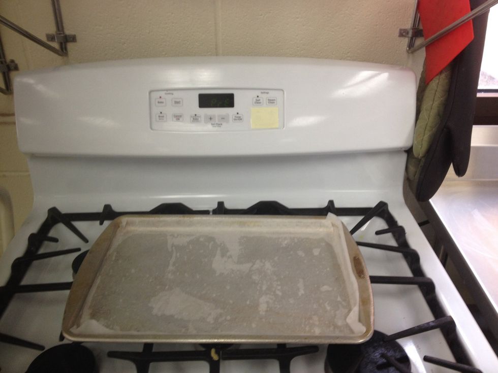 Pre heat your oven to 350 degrees Fahrenheit. You also need to grease and line a jelly roll pan with parchment paper