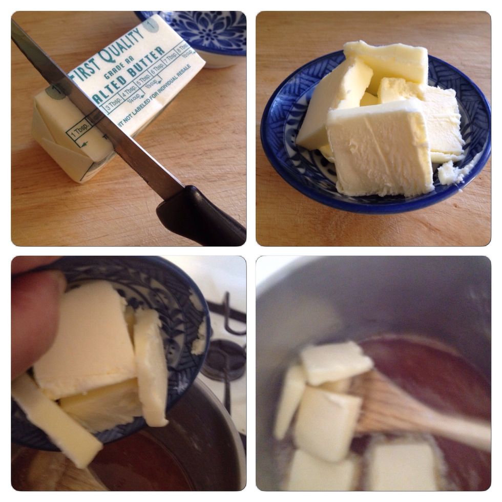 Precut the butter into 6 pieces and once the sugar has melted, immediately drop the butter in.