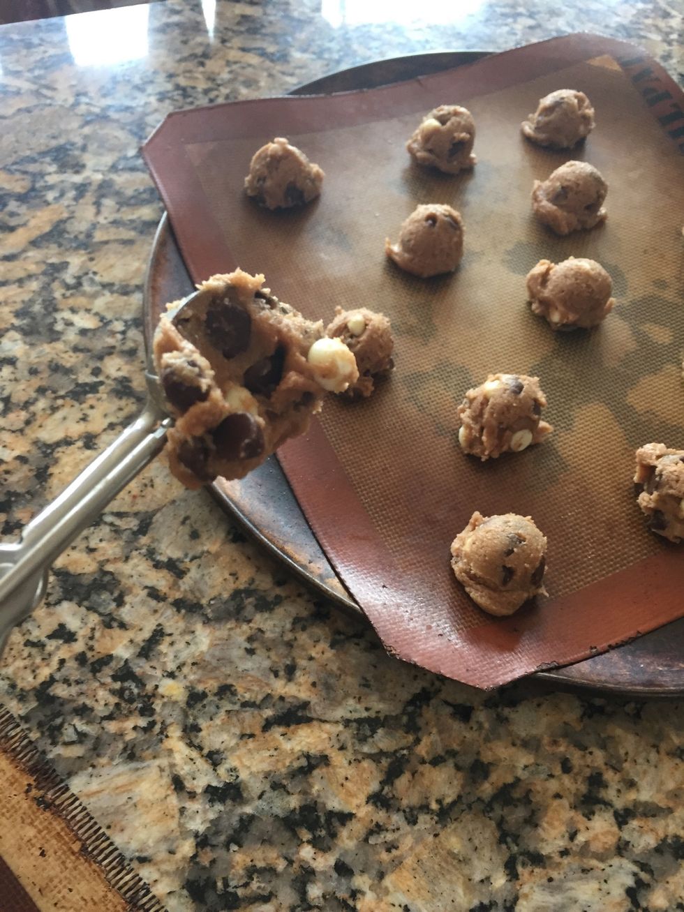 Preheat 350\u00b0 and drop cookies. Leave some space between them as they will spread when baking