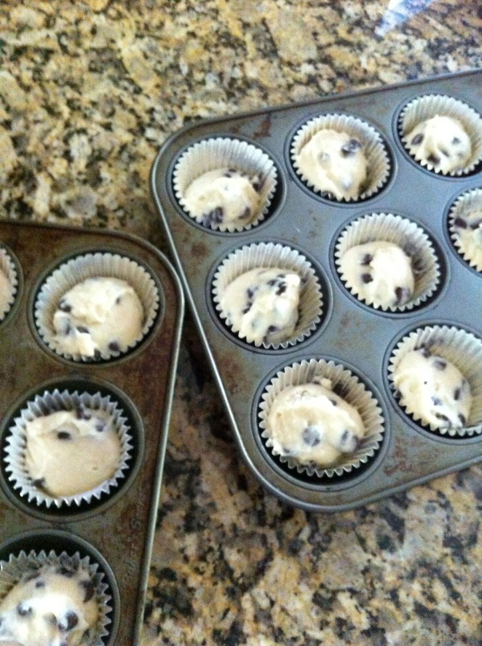 Preheat 400 degrees and scoop out muffins. Makes 24