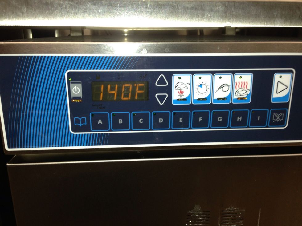 Preheat holding cabinet or cook and hold to 140F (60C). NOTE : it is important to pasteurize your product. Sear before bagging or drop the sealed bag in boiling water for a few minutes. Be safe.
