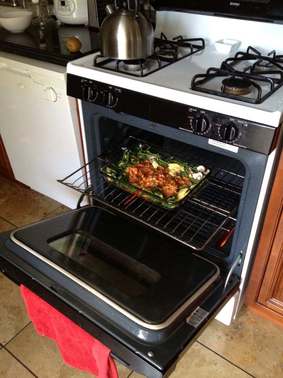 Preheat oven 180\u00b0 Bake until chicken is cooked through and golden. Constantly check if it cooked, potatoes and green beans takes long time to cook.