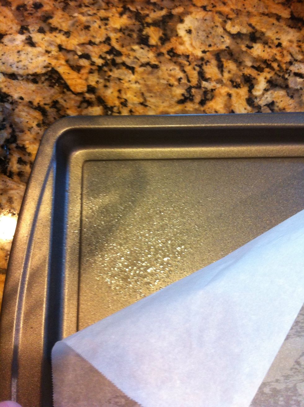 Preheat oven 425, and prepare your jelly roll pan. I first spray w non stick spray THEN place my parchment paper. The spray helps hold it in place. Cut to fit pan size