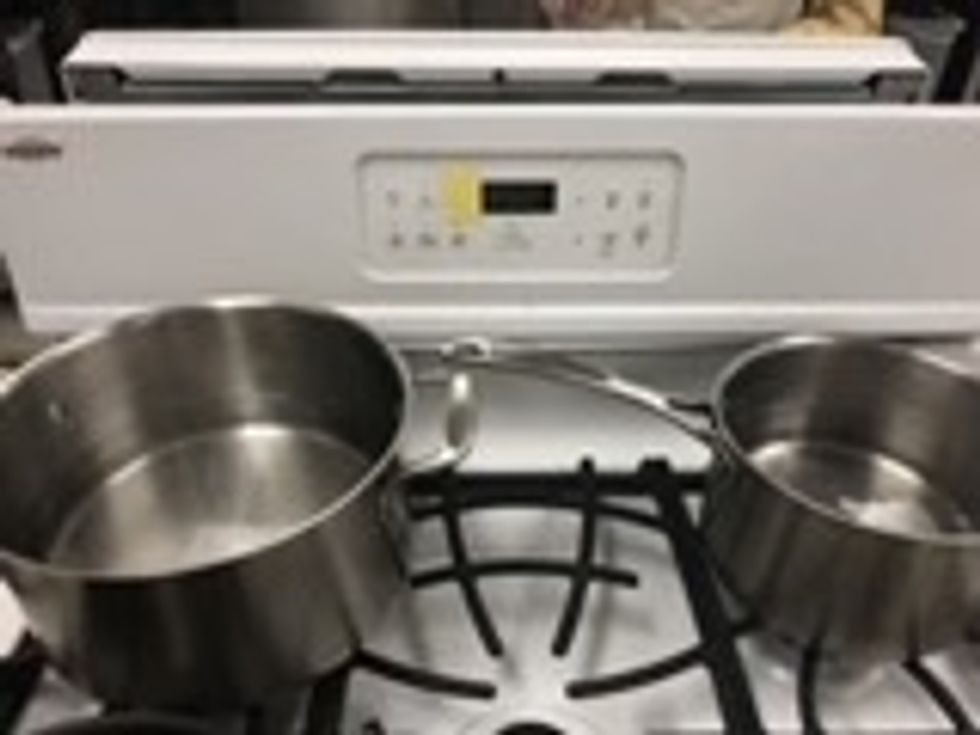 -Preheat oven and boil water for pasta and broccoli