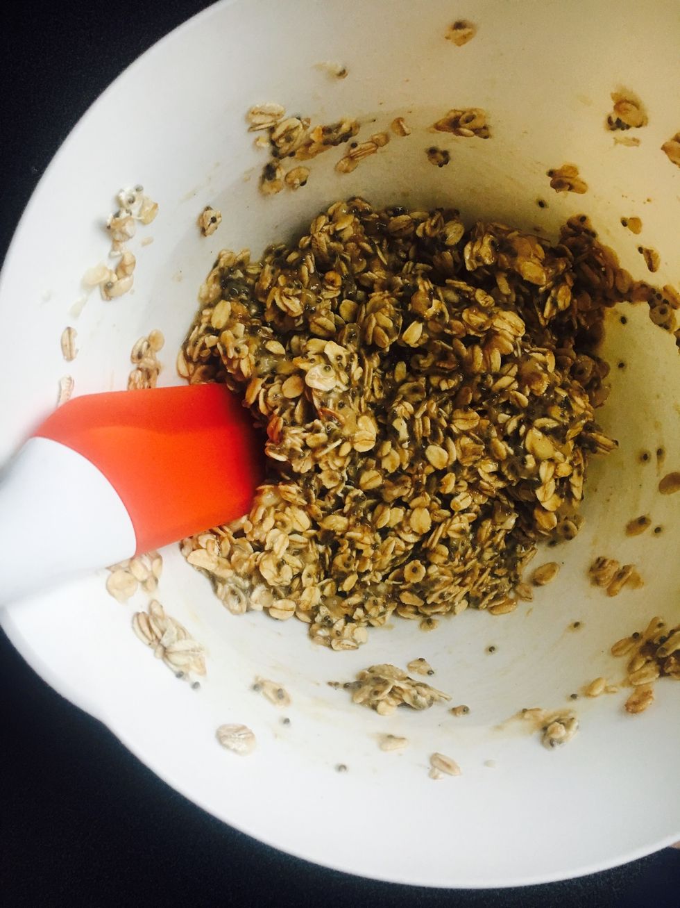 Preheat oven to 175 degrees celcius. Mix all ingredients together in a bowl.