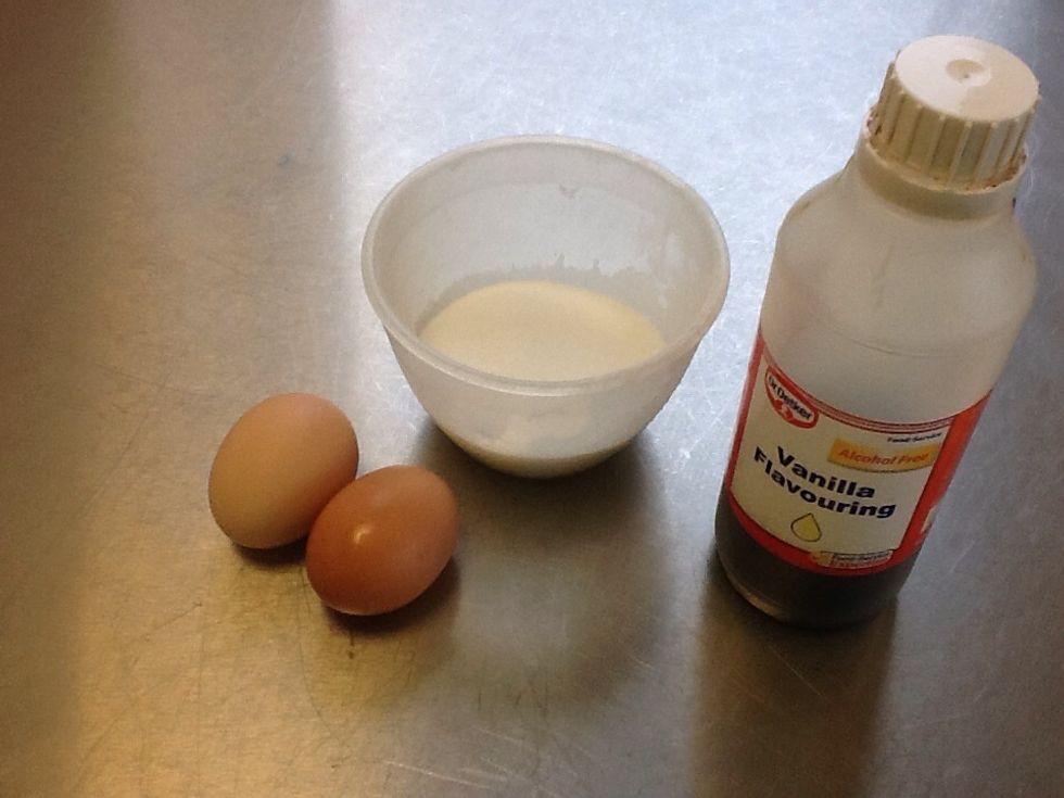 Preheat oven to 200c/gas mark 6 then grab your eggs, caster sugar and vanilla extract