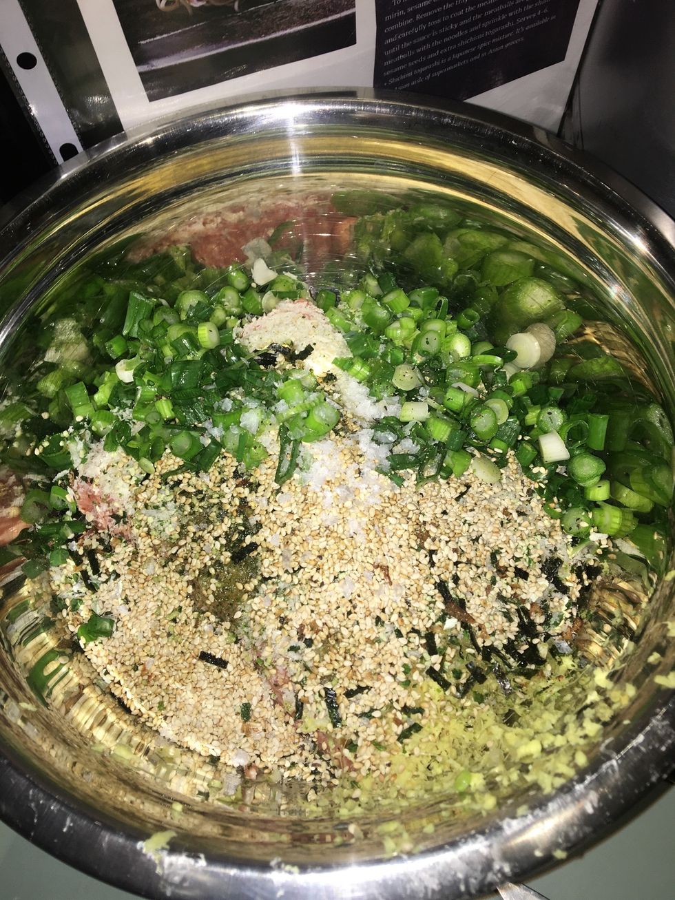 Preheat oven to 220\u00b0C (425\u00b0F). Place the pork, breadcrumbs, garlic, ginger, sesame seeds, sesame oil, shichimi togarashi, green onion, egg, salt and pepper in a large bowl and mix well to combine