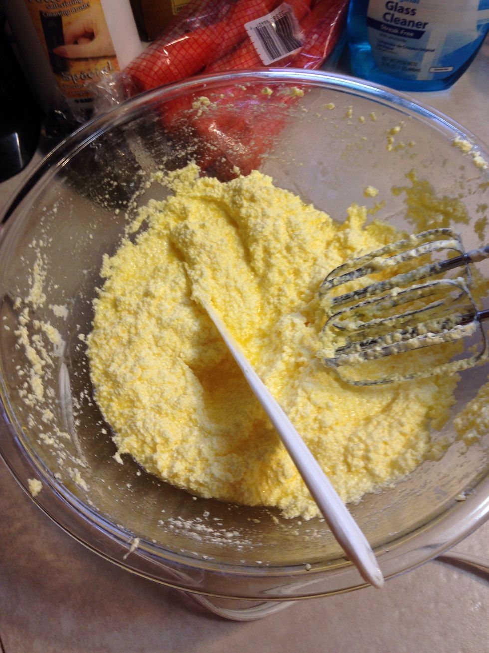 Preheat Oven to 350. Beat butter and eggs till creamy (mines not cause I left my butter slightly chilled)