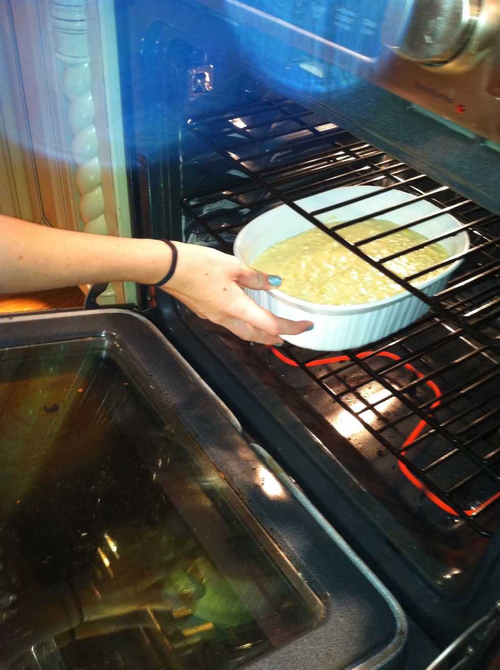 Preheat oven to 350. Cook for about 45 to a hour. Depending on your oven.