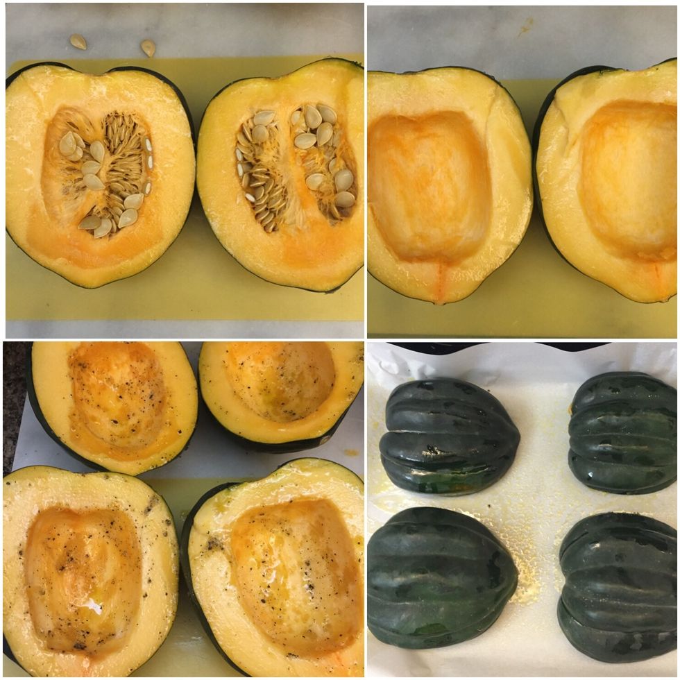 Preheat oven to 350 degrees. Cut squash in half & scoop out the seeds. Brush with EVOO & season with sea salt and black pepper. Place cut side down on parchment paper.