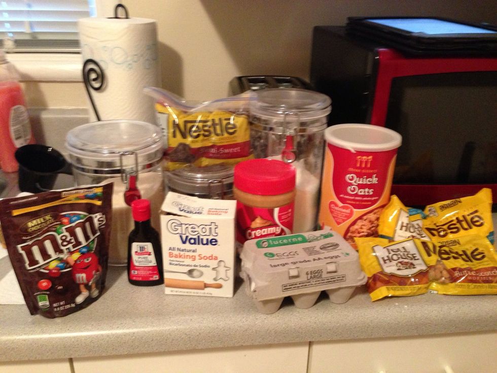 Preheat oven to 350 degrees f. Gather all ingredients. I made two different types of monster cookies in this recipe. You can do just one or add everything in together.