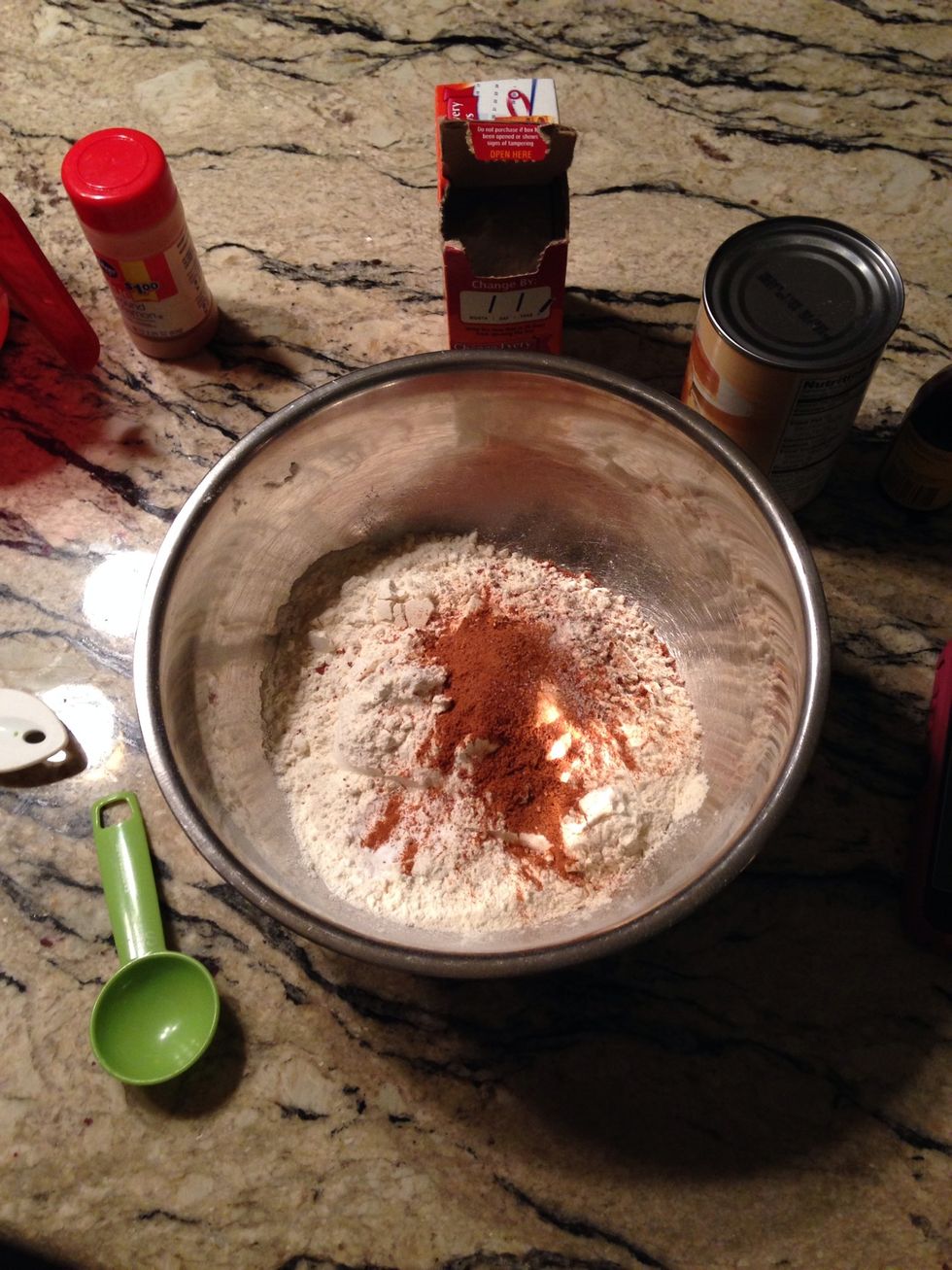 Preheat oven to 350 degrees F. In a small bowl, whisk together the flour, baking powder, baking soda, cinnamon, nutmeg, ground cloves, and salt; set aside