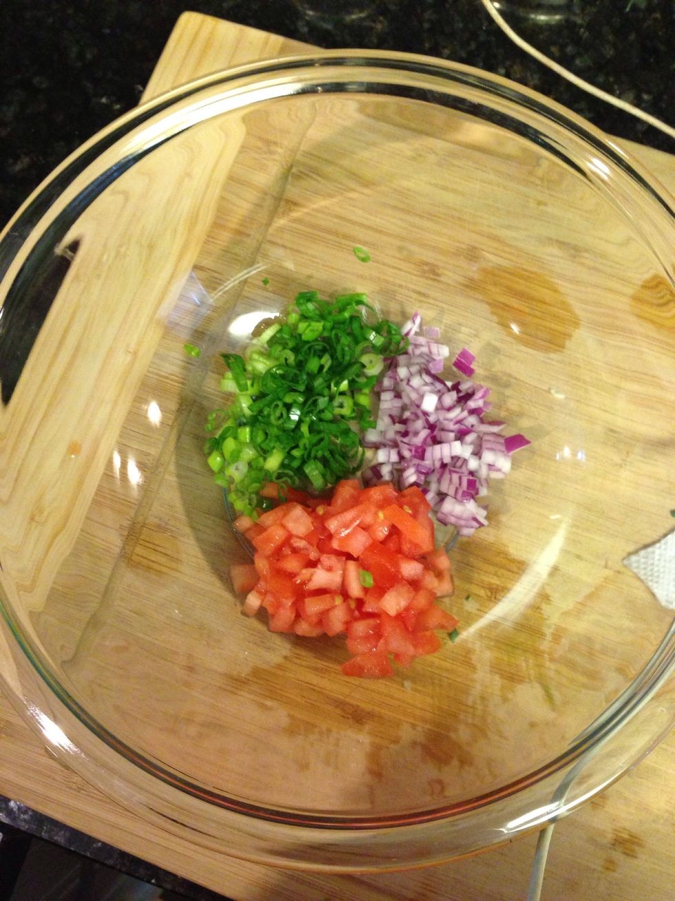 Preheat oven to 350 degrees. Spray muffin pan with oil spray and set aside. In a medium bowl, combine red onion, tomato and scallions. FYI - you can use any veggie or meat you like!!!