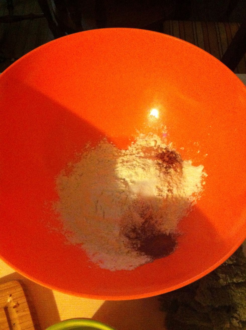 Preheat oven to 350* & line a muffin pan w/ cupcake liners. In a mixing bowl mix together flour, baking powder & salt.