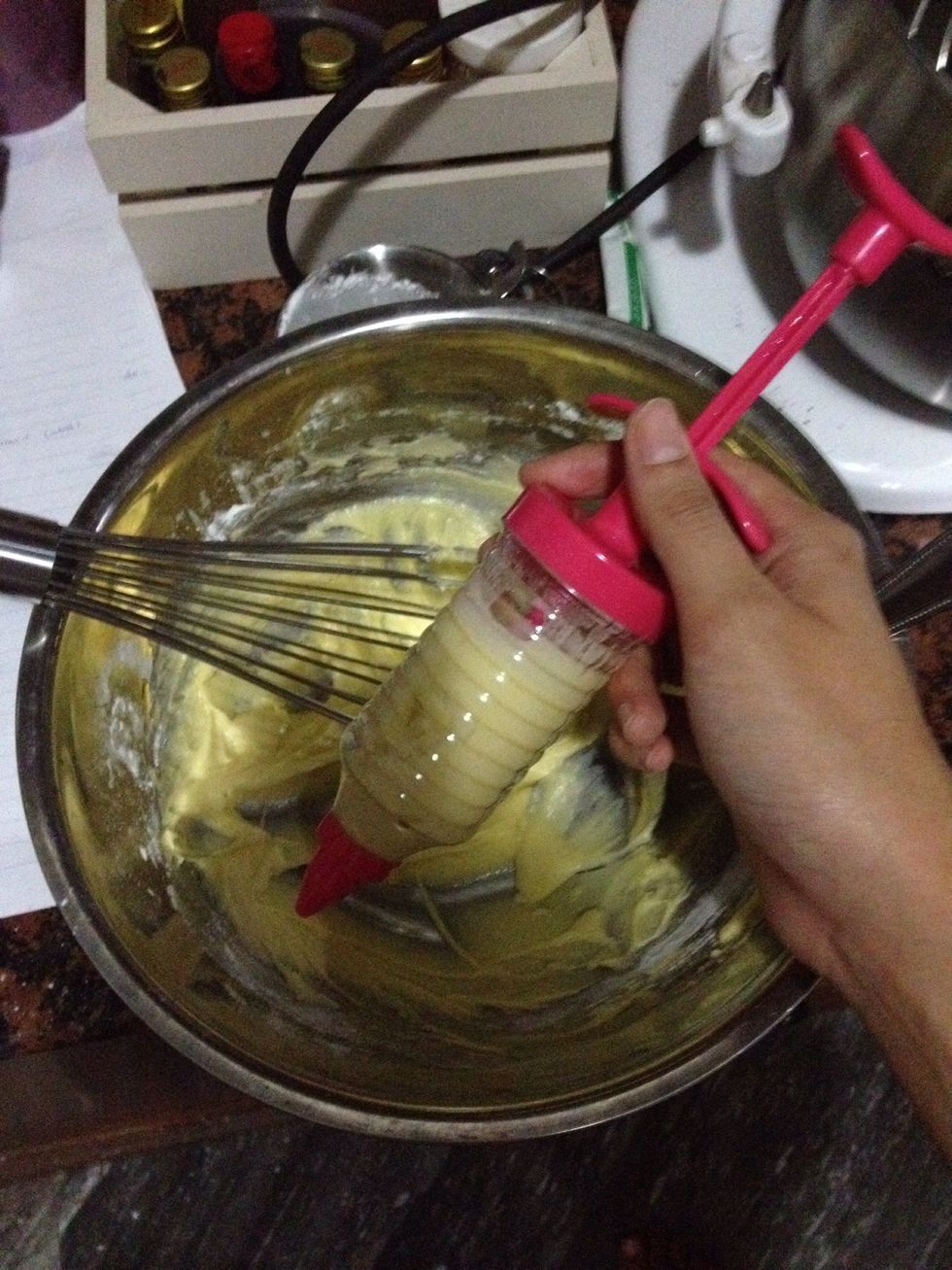 Preheat oven to 356F. Fill your piper with the batter, or use a pastry bag and snip off the end.