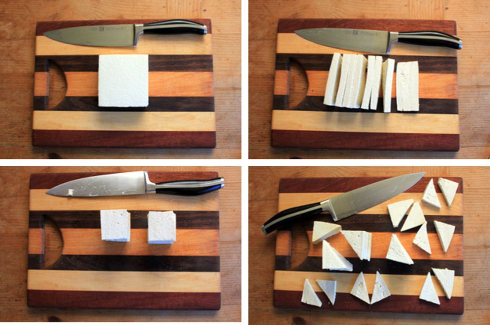 Preheat oven to 375 degrees. Line parchment paper onto a large baking sheet and brush it with olive oil. Unwrap tofu and discard the paper towels. Cut tofu into equal triangles (see picture above).