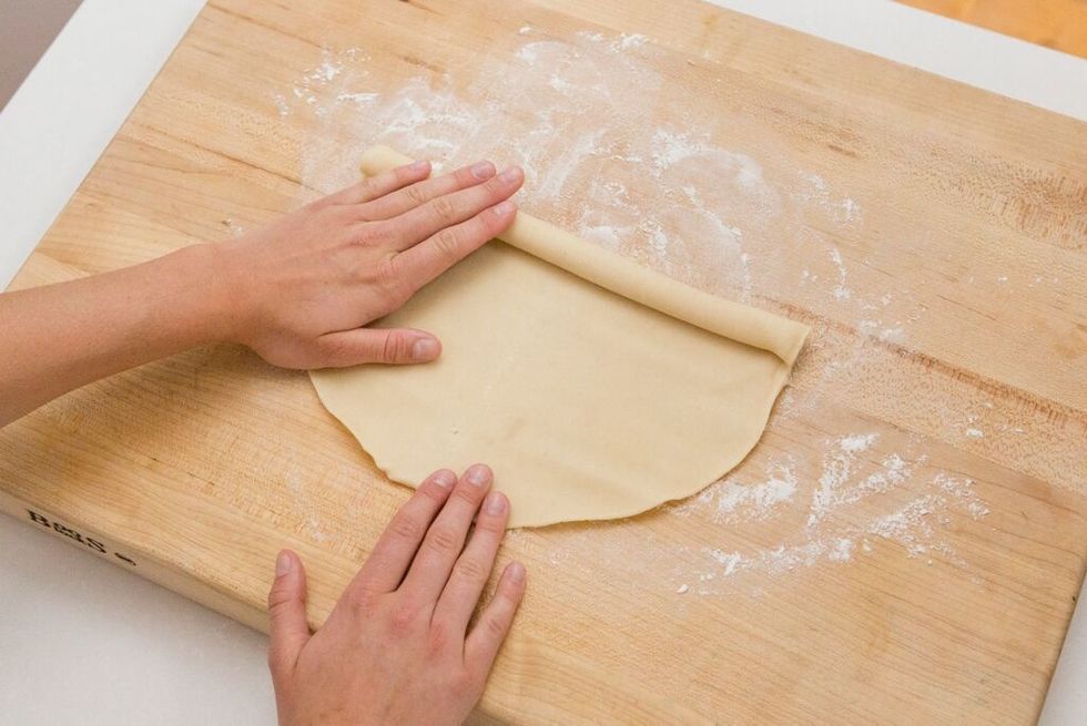 Preheat oven to 375 degrees. Unroll your pie crust on a lightly floured surface. We used a pre-made pie crust. 