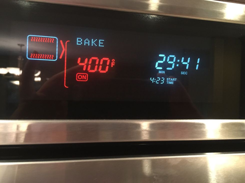 Preheat oven to 400 degrees Fahrenheit. Once preheated put in the potatoes for 30 mins.