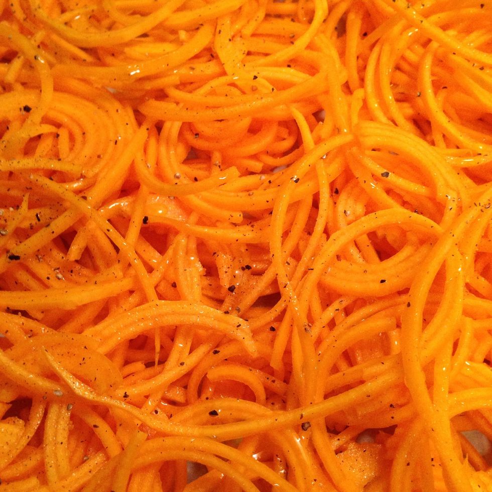 Preheat oven to 400. Put noodles on parchment on baking tray. Drizzle with EVOO, then season with sea salt & black pepper. Roast for about 10 minutes.
