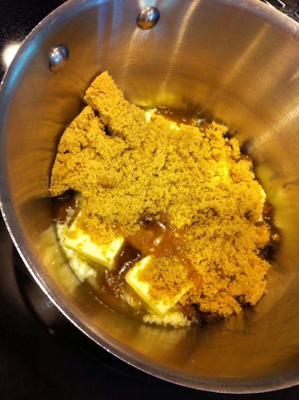Preheat oven to 400\u2022. On low heat, bring 2 sticks of butter, 1 c brown sugar and 1TB white karo syrup to a gentle boil. Let this boil, stirring occasionally, for about 6-8 minutes.