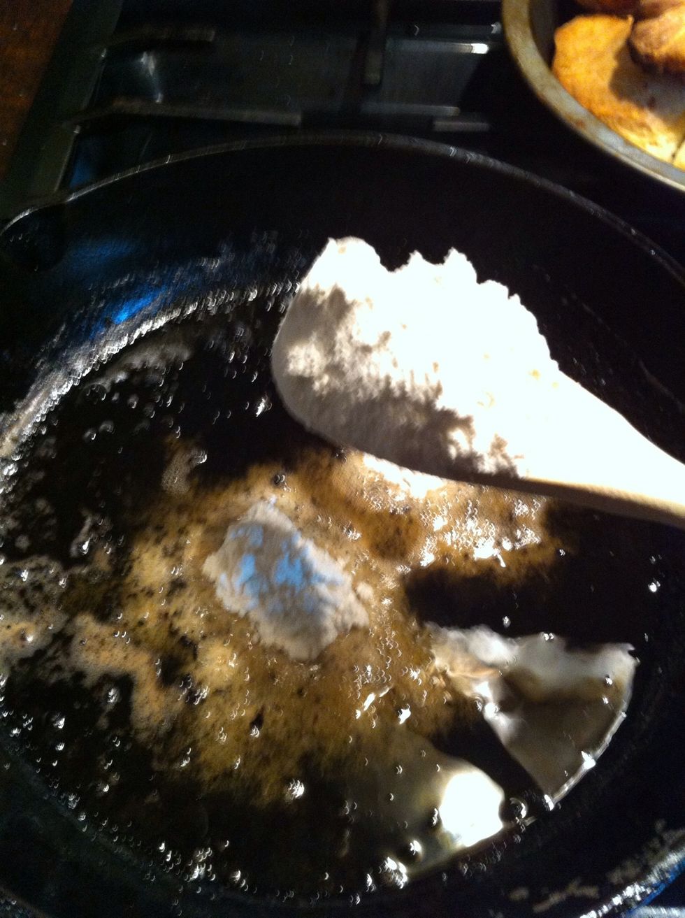 Preheat skillet on high heat. It needs to be hot. See how the flour is sizzling? You want it that hot. Add all purpose flour..and start stirring. ...