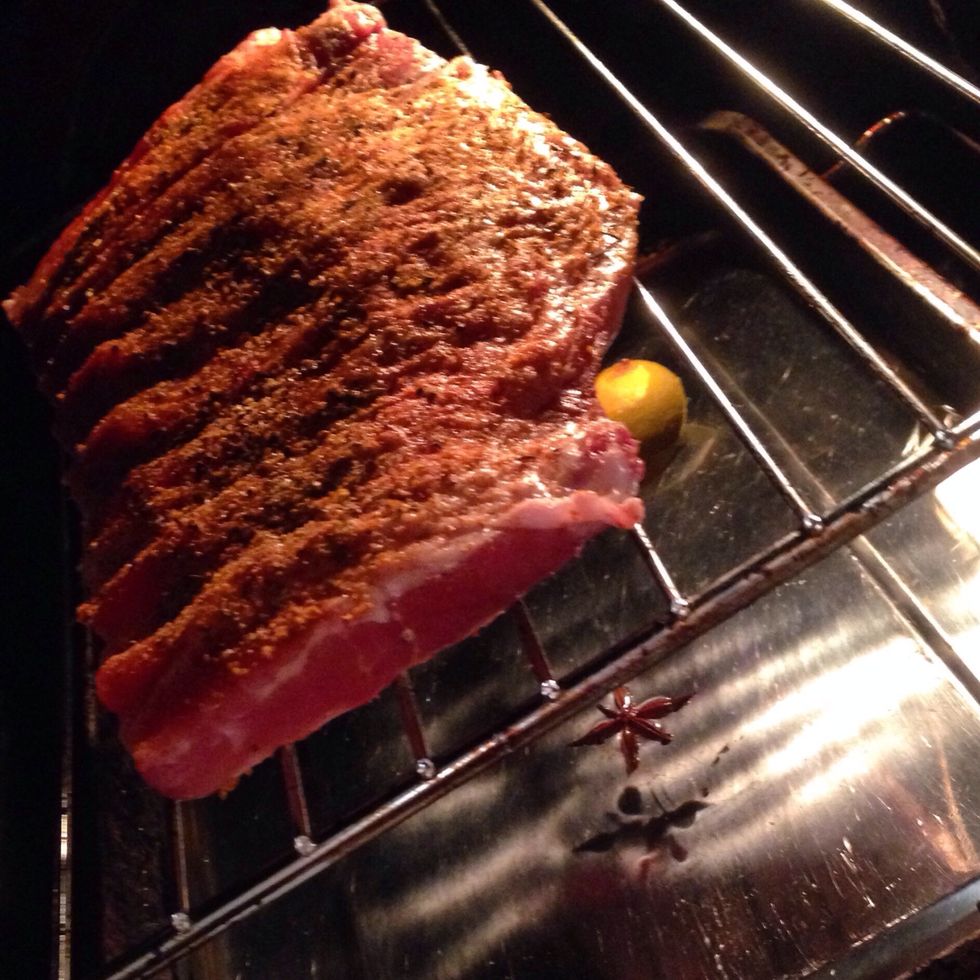 Preheat the oven to 150c/low to medium heat for 1 hr and place the rack directly on the shelf with the tray under it. Don't worry the water catches the drips and you will just have to clean the rack.