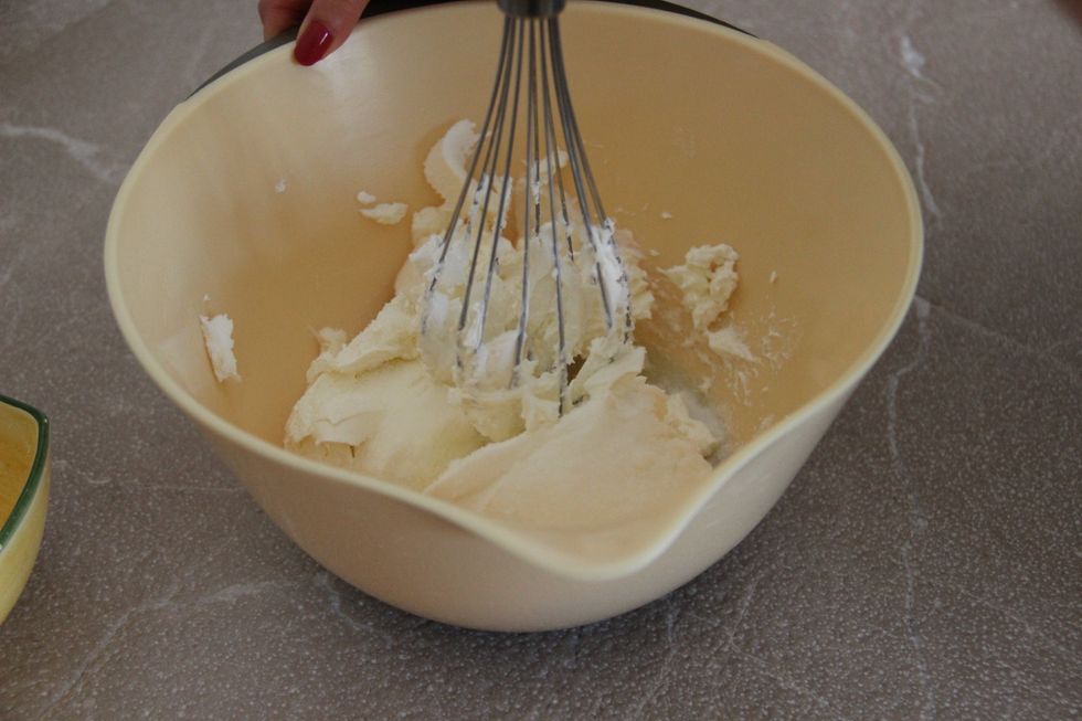 Preheat the oven to 160 C/320 F/Gas mark 3. Meanwhile beat together the cream cheese and sugar